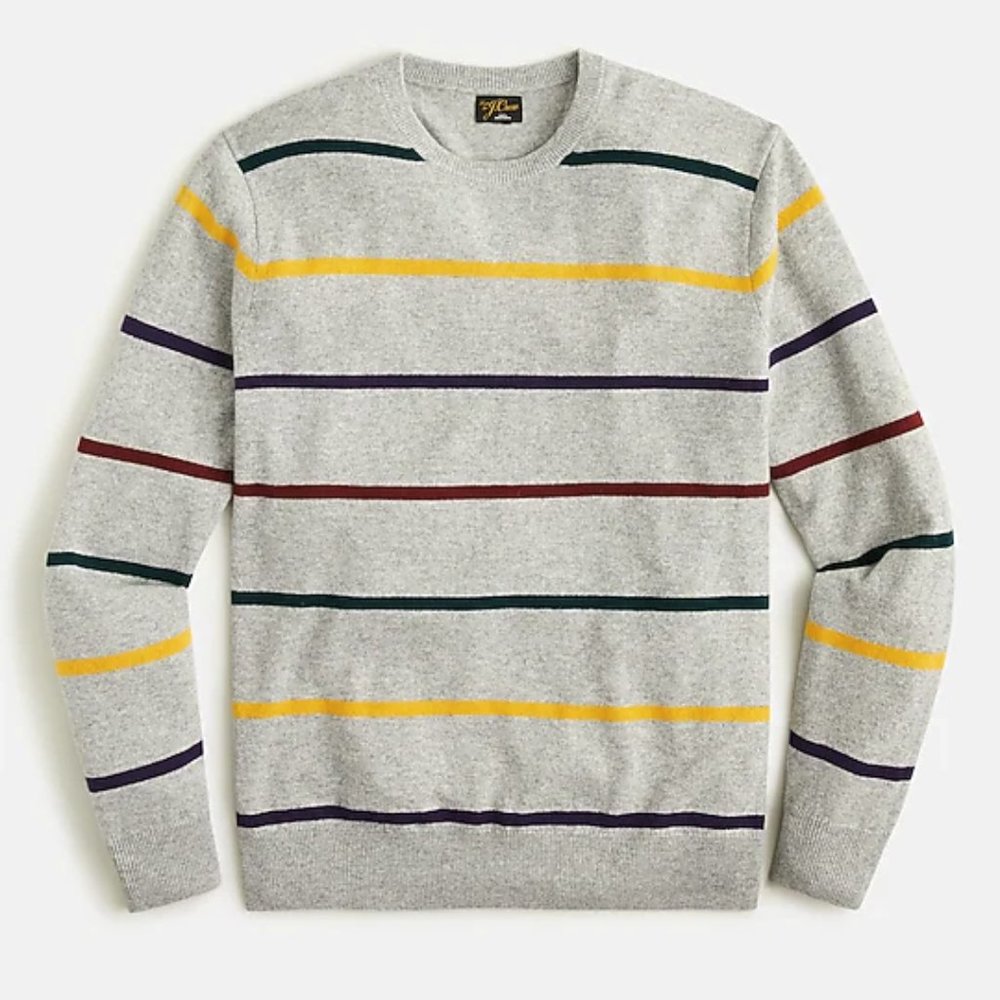 NWT J Crew 100% Cashmere Crewneck Sweater in Heather Grey Multi Stripe